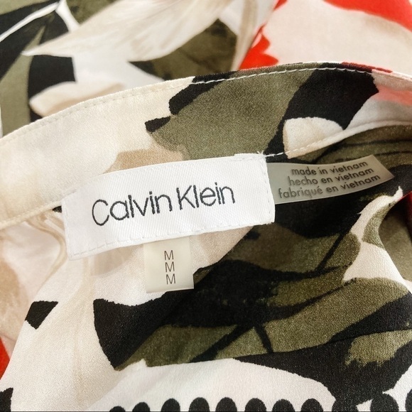Calvin Klein Tropical Print Round Split Neck Roll Tab Long Sleeve Blouse Size M - Picture 11 of 16